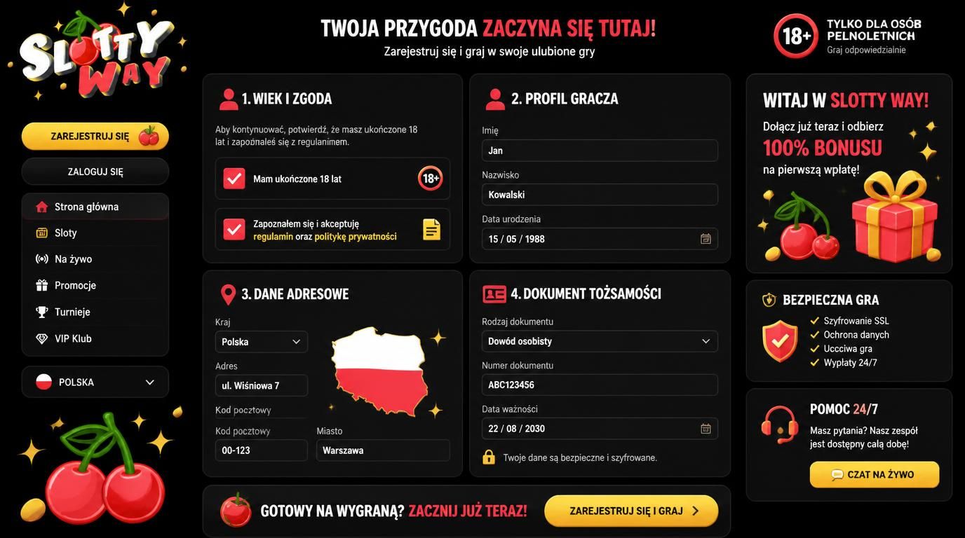 symbol 18+, profil z datą urodzenia i regulaminem, mapa Polski w tle