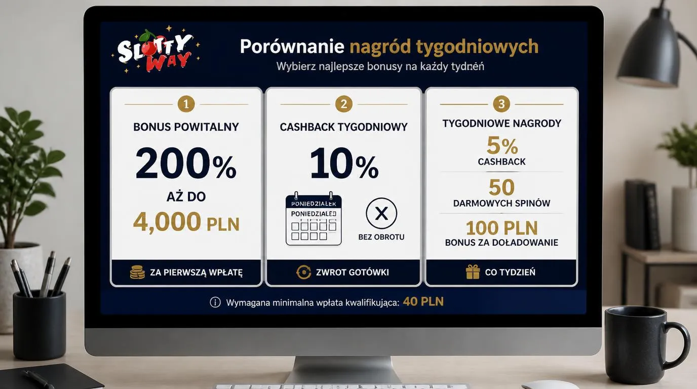 Panel promocji z bonusem powitalnym, cotygodniowym cashbackiem i nagrodami dla graczy