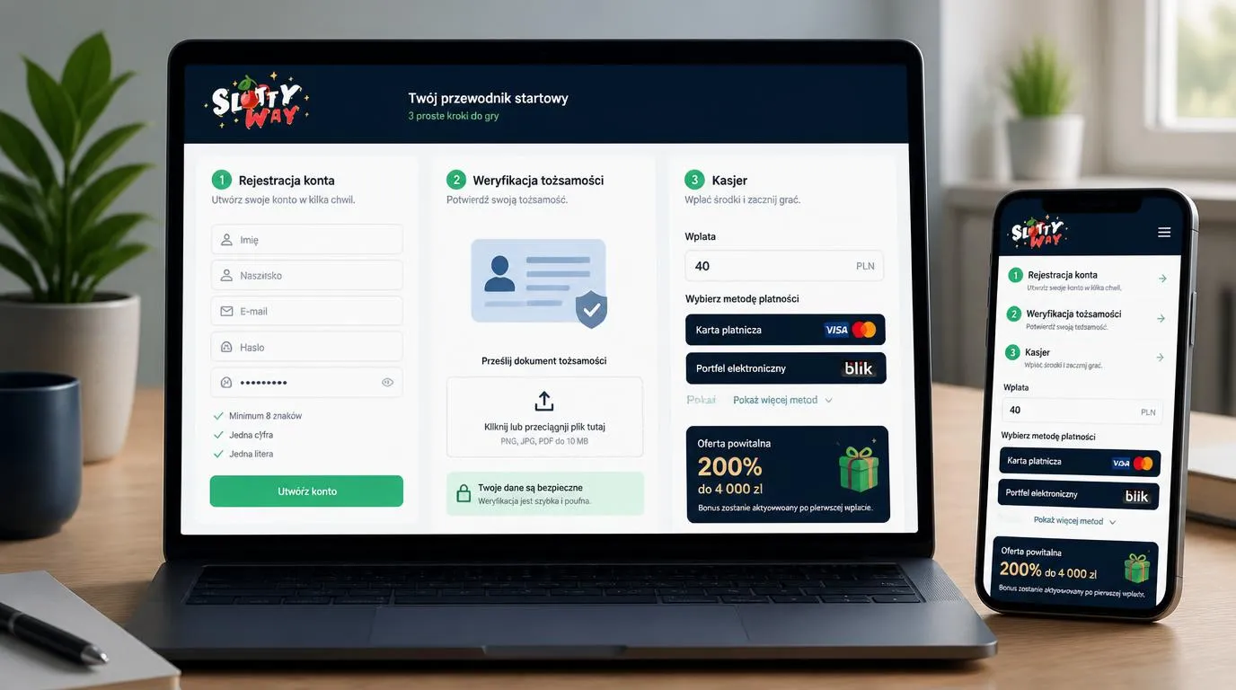 Laptop z formularzem rejestracji, etapem weryfikacji tożsamości i panelem wpłaty w kasynie online