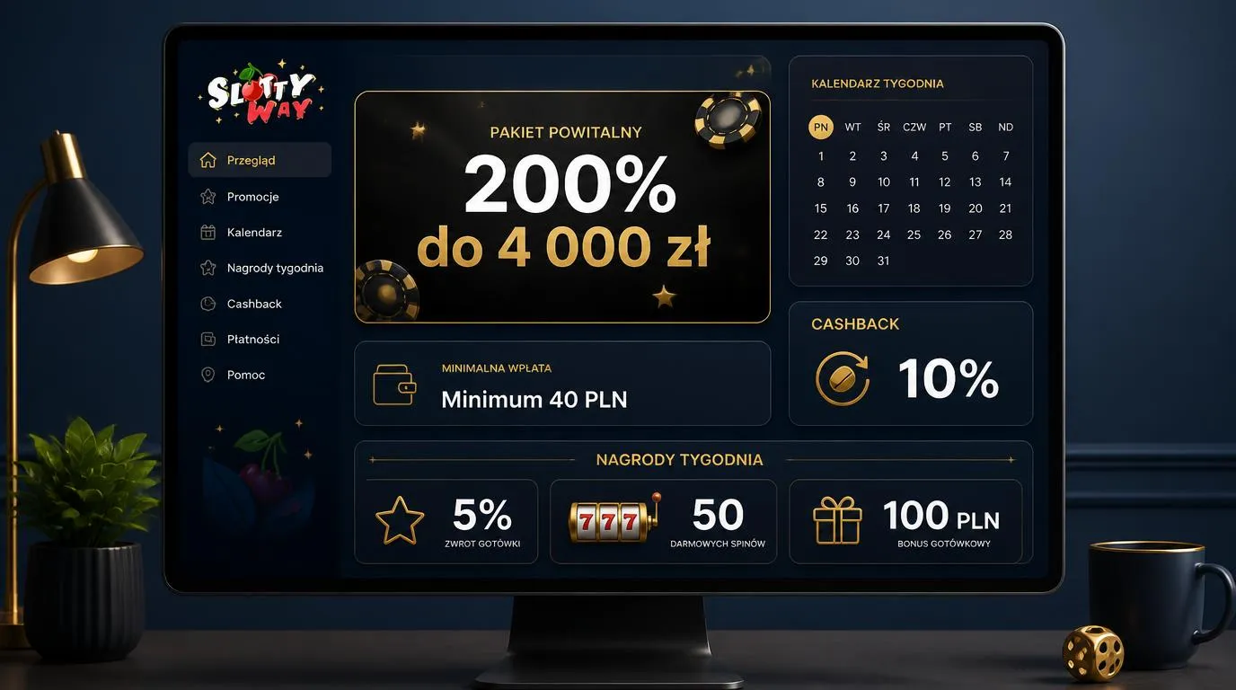 Panel bonusów kasyna z ofertą 200% do 4 000 zł, depozytem 40 PLN i kalendarzem poniedziałkowego cashbacku
